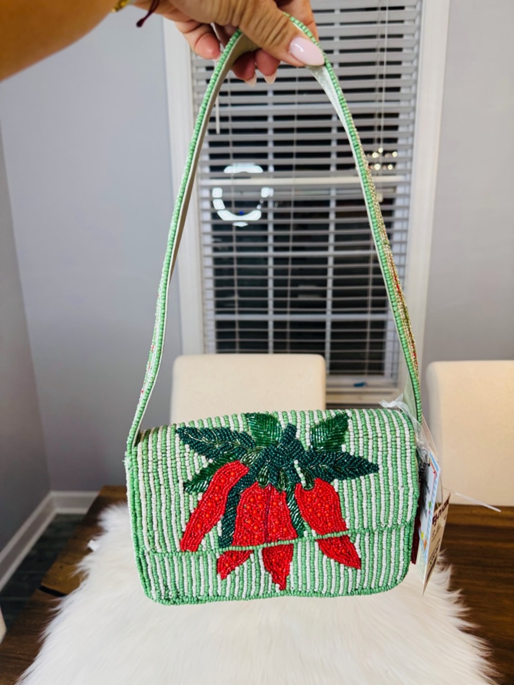 Light Green Beaded Shoulder Bag with Red Chili Design
